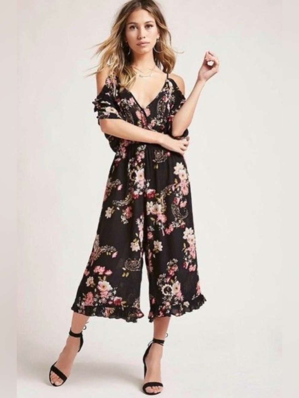 Patrons of Peace Black Floral Cold-Shoulder Jumpsuit
